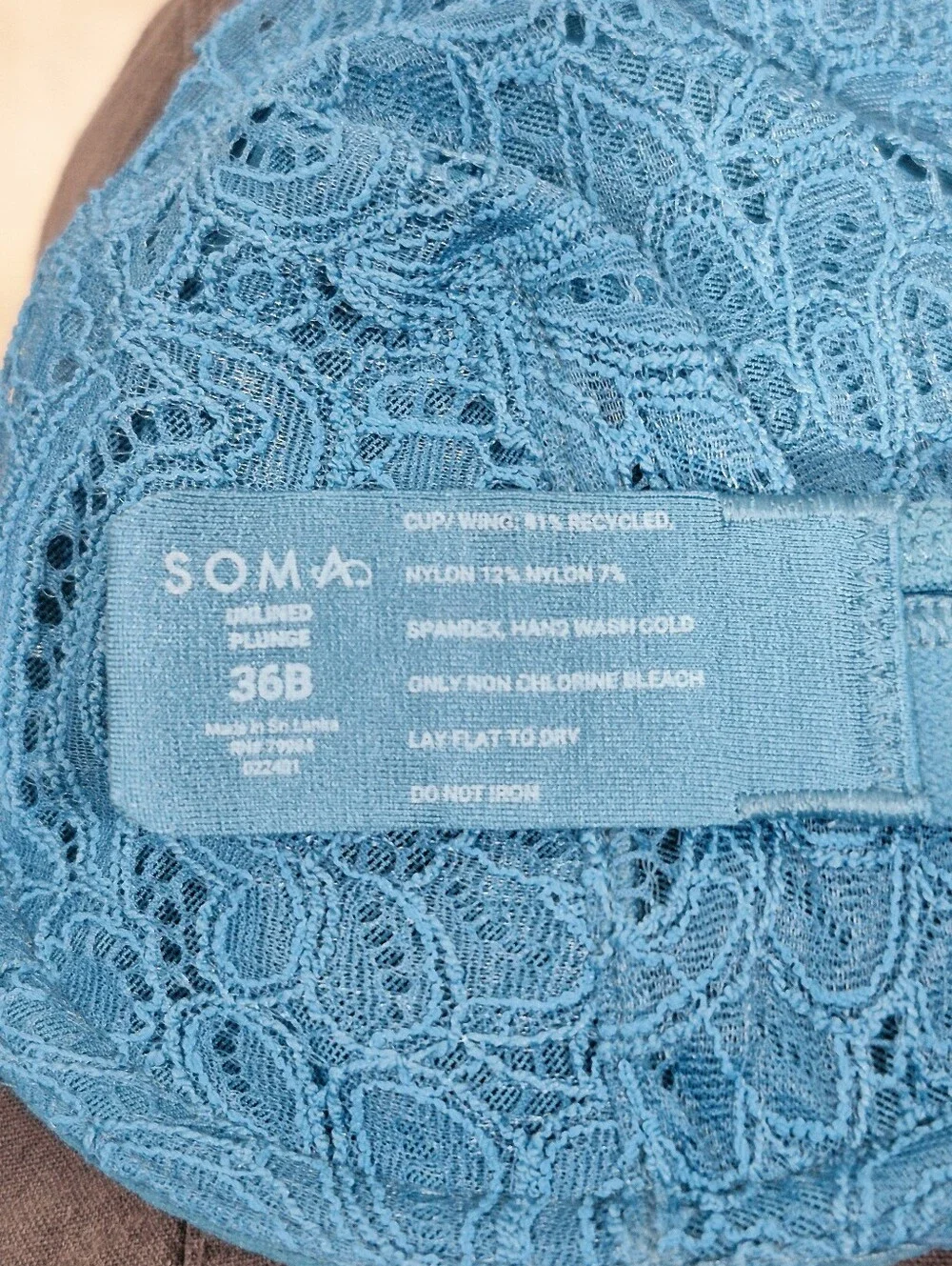36B Soma Plunge Unlined Lace Underwire Bra Teal Blue